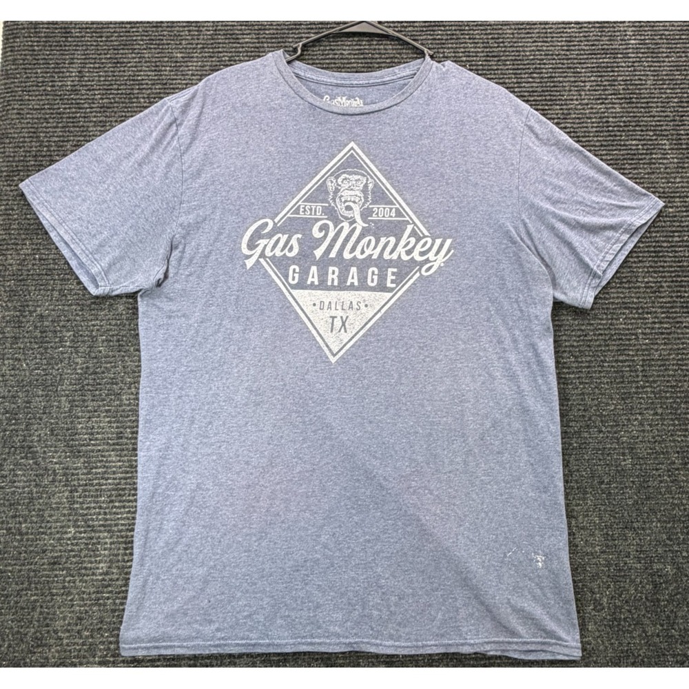 Gas Monkey Garage Mens XL Blue Heather Graphic T-Shirt Dallas TX Logo Stain